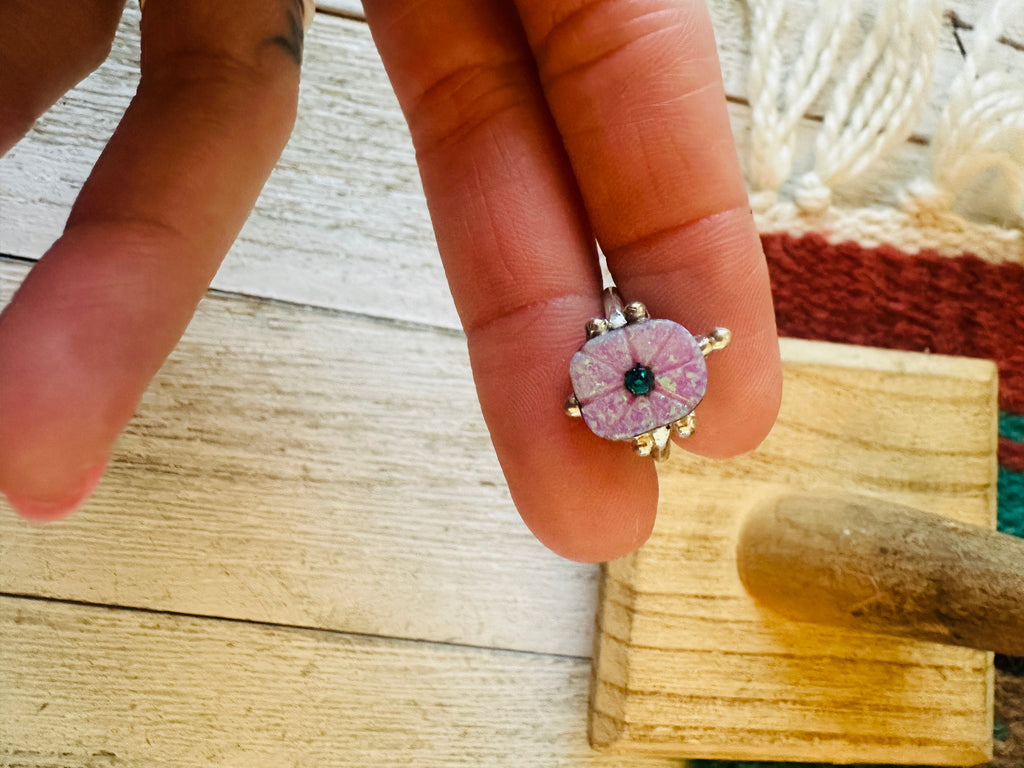 Handcrafted Sterling Silver & Pink and Green Opal Turtle Ring Size 5