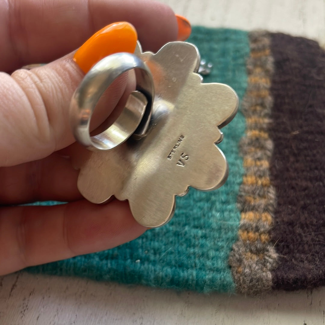 Handcrafted Sterling Silver & White Buffalo Large Adjustable Ring Signed