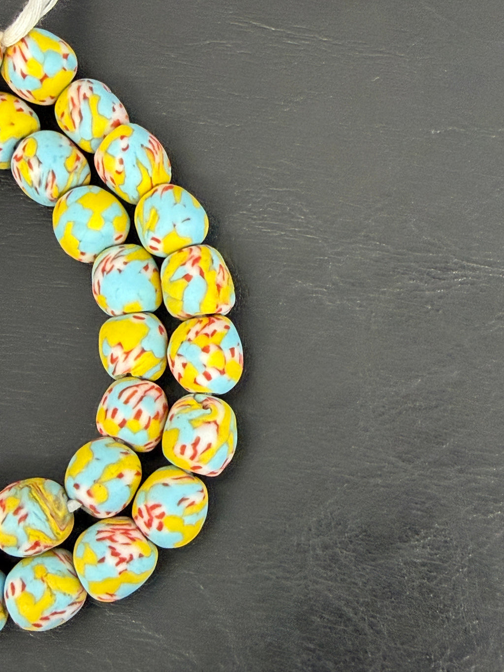 Sky Blue & Ivory Fused Krobo Recycled Glass Beads 12–14mm | Handmade African Glass Beads from Ghana | 44 Beads Per Strand