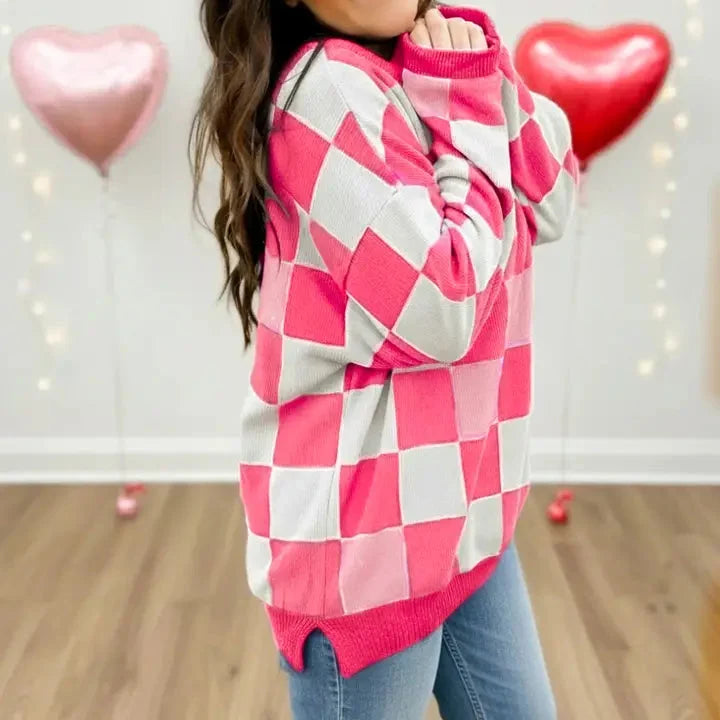 Pink Checkered Chenille Cotton Corded Crew Sweatshirt