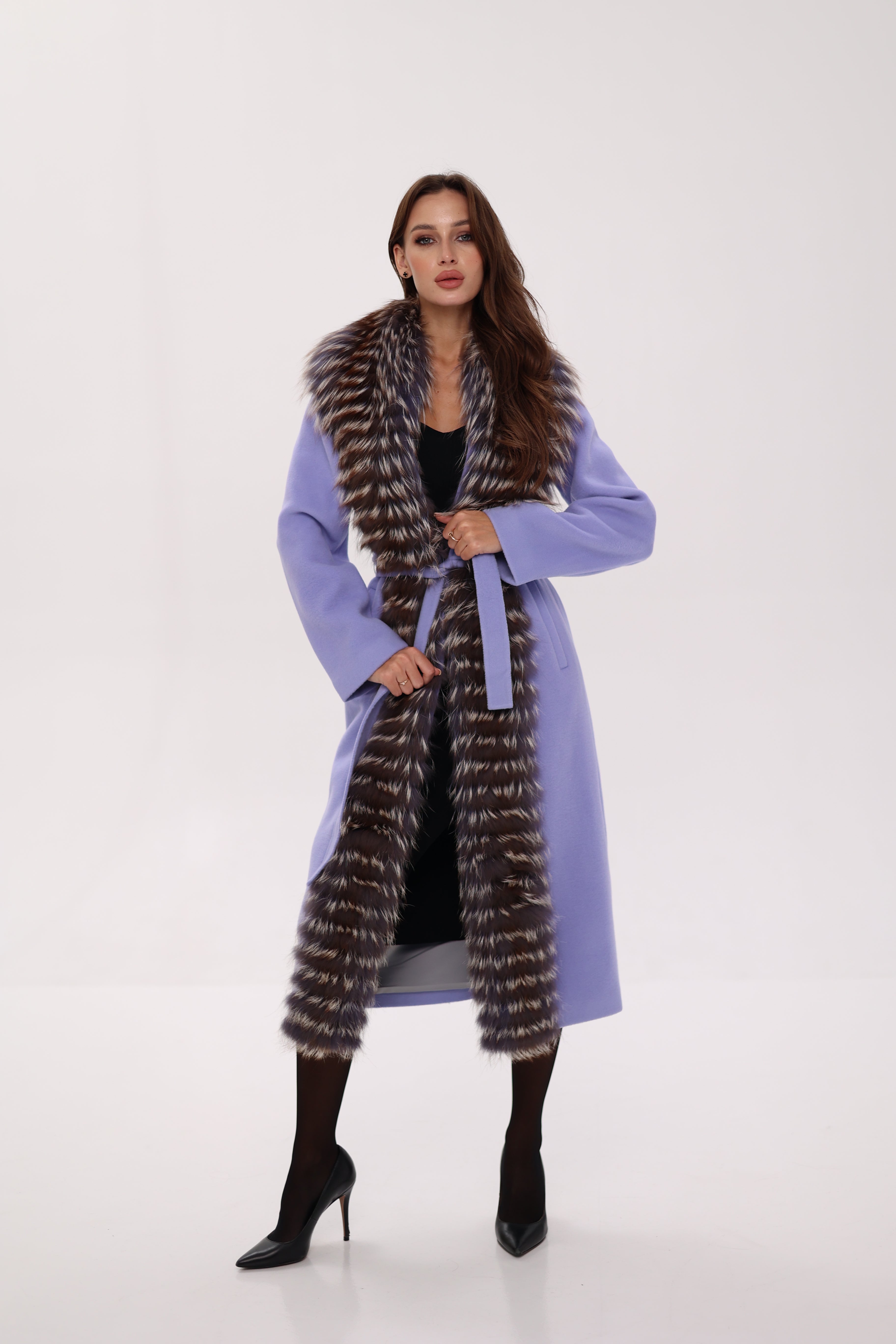 Carrie Coat - Genuine Silver Fox Virgin Wool Wrap Coat in Lavender