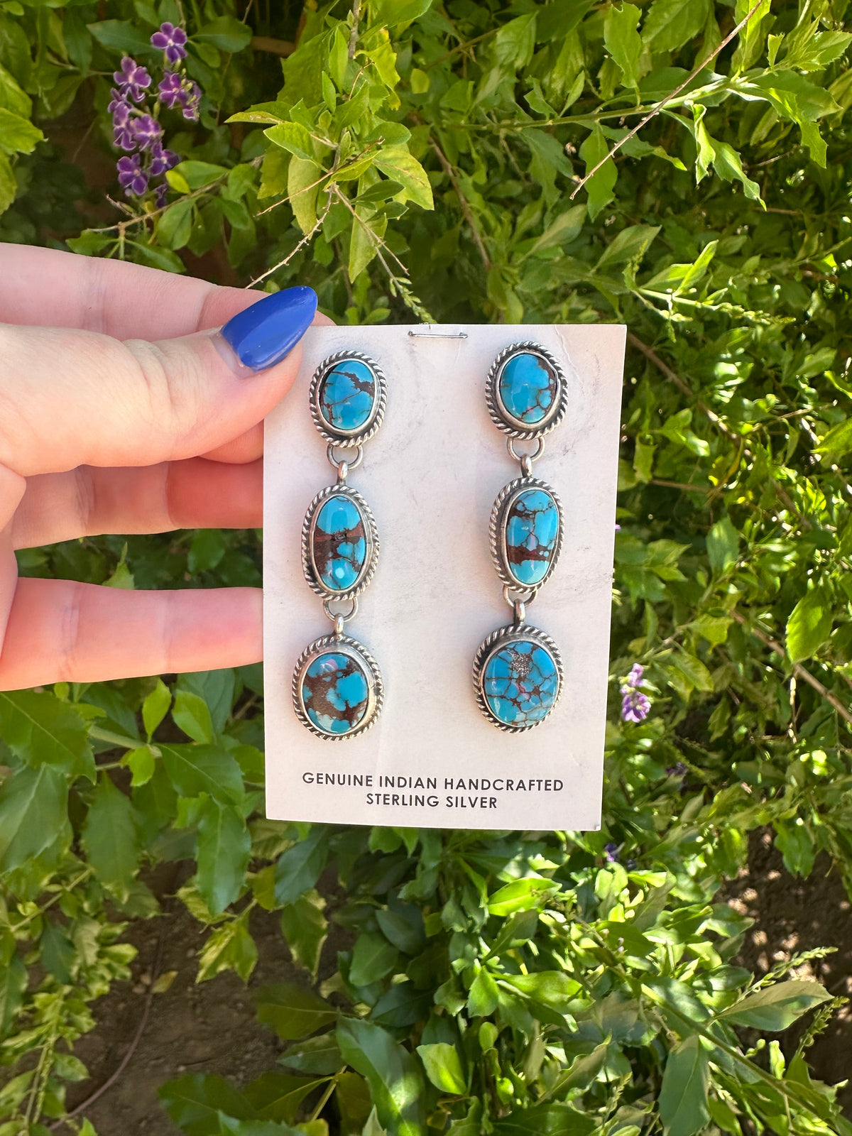Handcrafted Turquoise & Sterling Silver 3 Stone Dangle Earrings Signed Marcella James