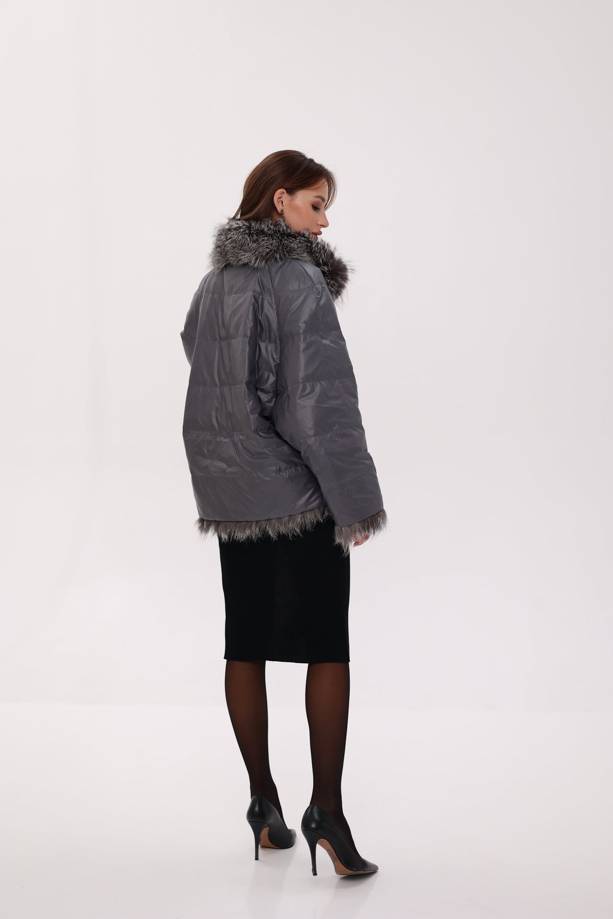 Reversible Genuine Silver Fox  Down Fill Coat in Grey