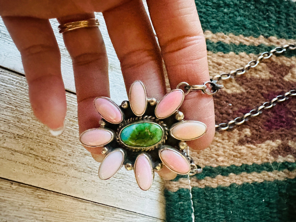 Handcrafted Sterling Silver, Queen Pink Conch Shell & Sonoran Turquoise Necklace