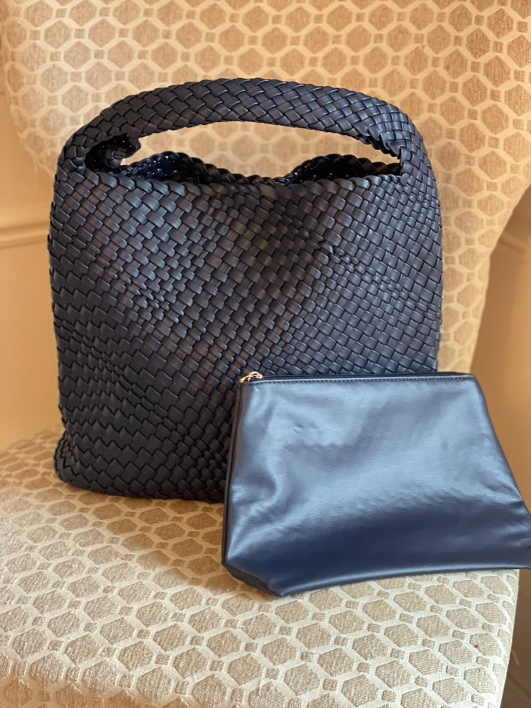 The Willow | Large Woven Vegan Leather Tote - Navy