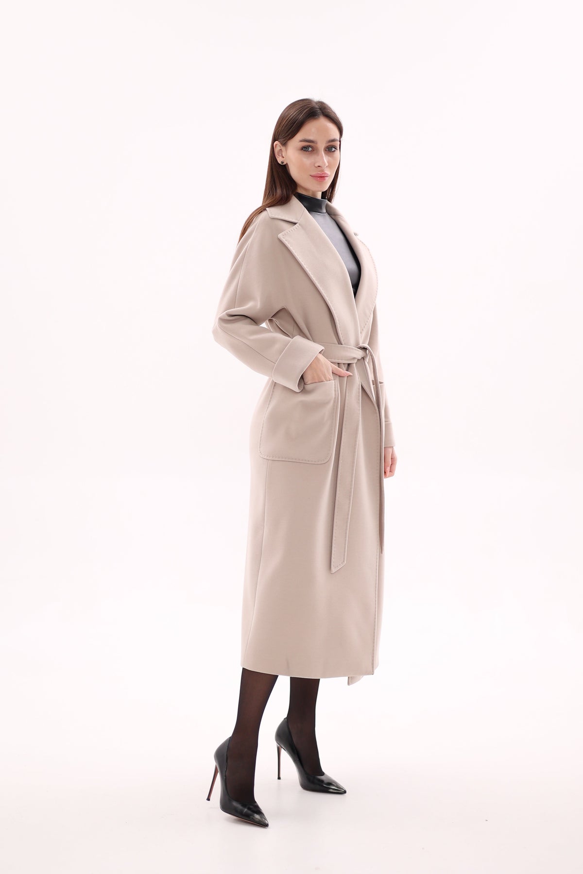 Marley Wraparound Wool Cashmere Coat in Nude