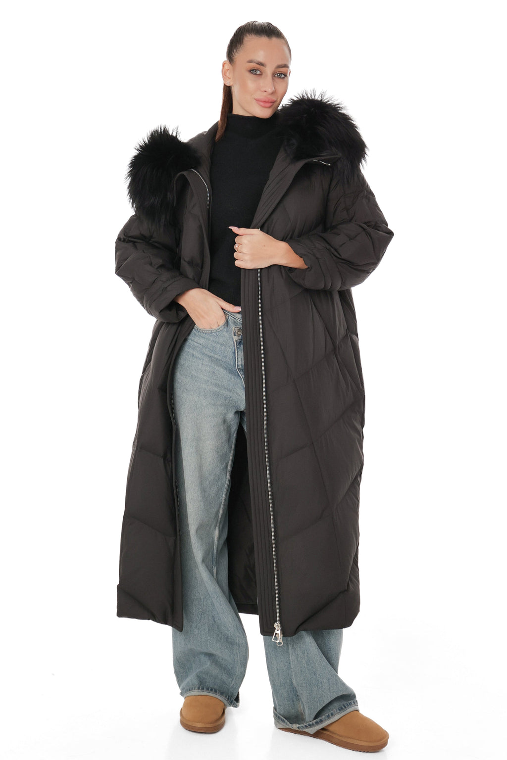 Genuine Silver Fox Fur Trim Down Coat