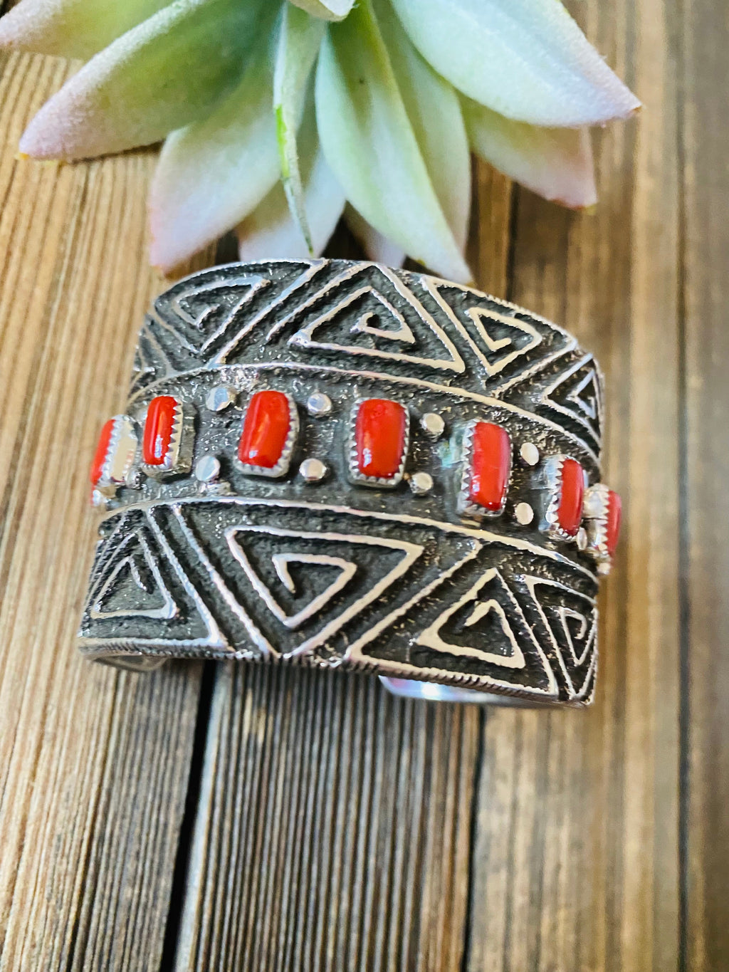 Handcrafted Coral & Sterling Silver Cuff Bracelet By Steve Arviso /