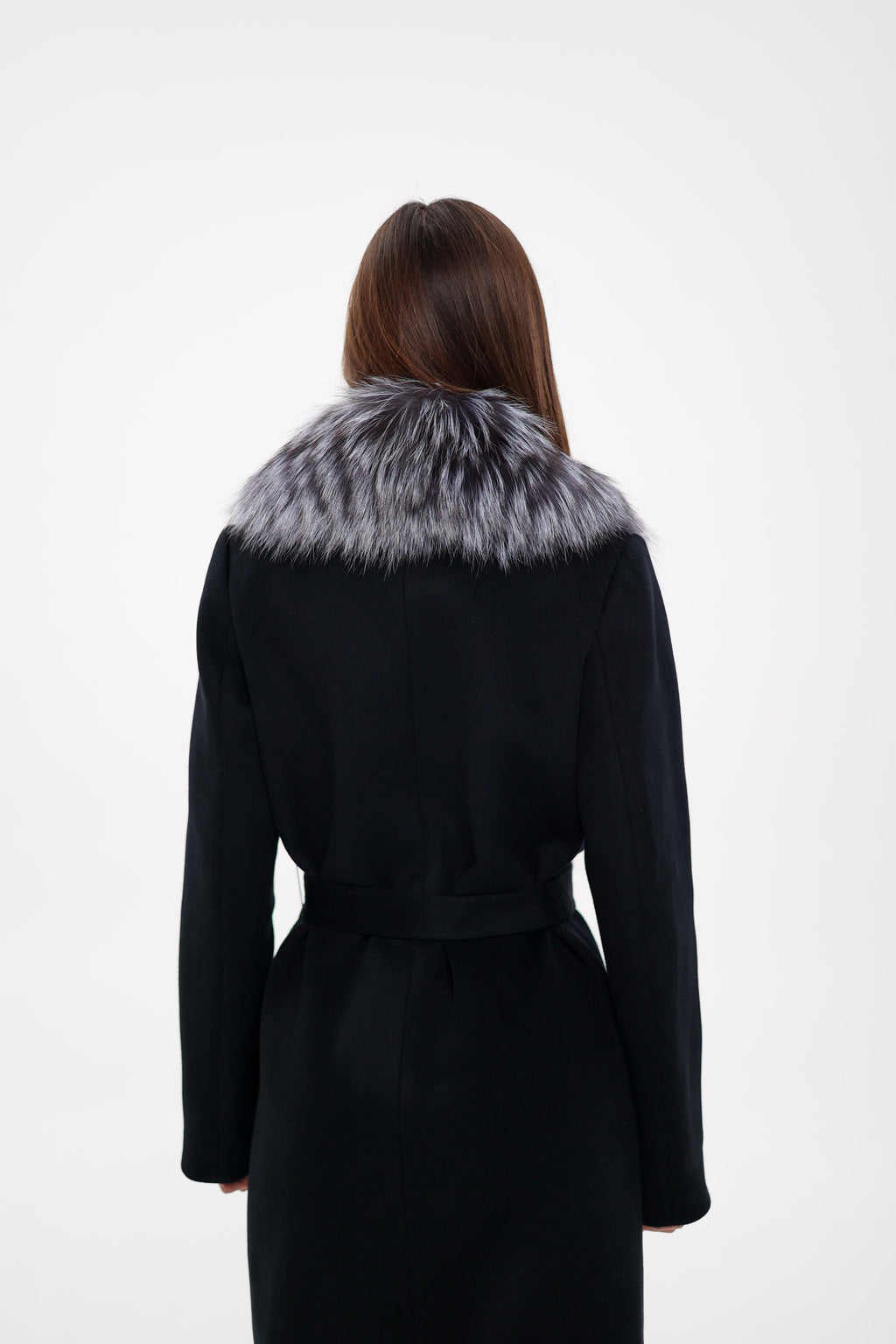 Miranda Coat - Genuine Silver Fox Virgin Wool Wrap Coat in Black