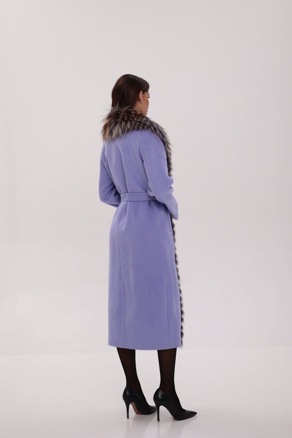 Carrie Coat - Genuine Silver Fox Virgin Wool Wrap Coat in Lavender