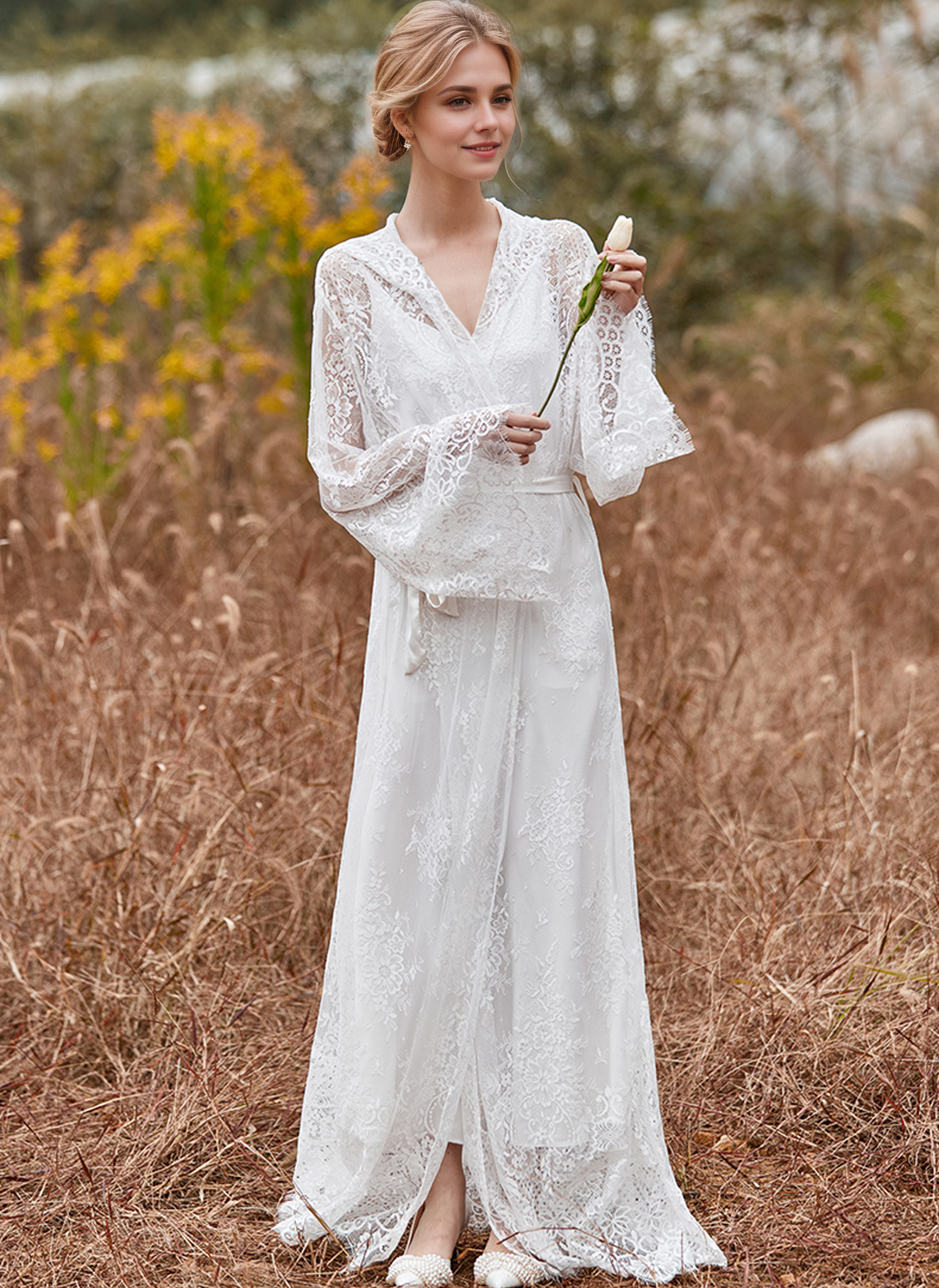 Romantic Floral Lace Hooded Bridal Robe Set – Long Sheer Lace Cover-Up with Satin Slip