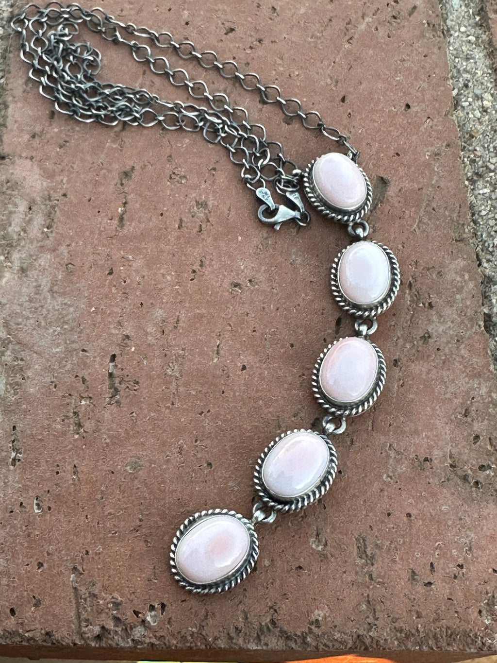 Handcrafted Queen Pink Conch & Sterling Silver 5 Oval Drop Necklace