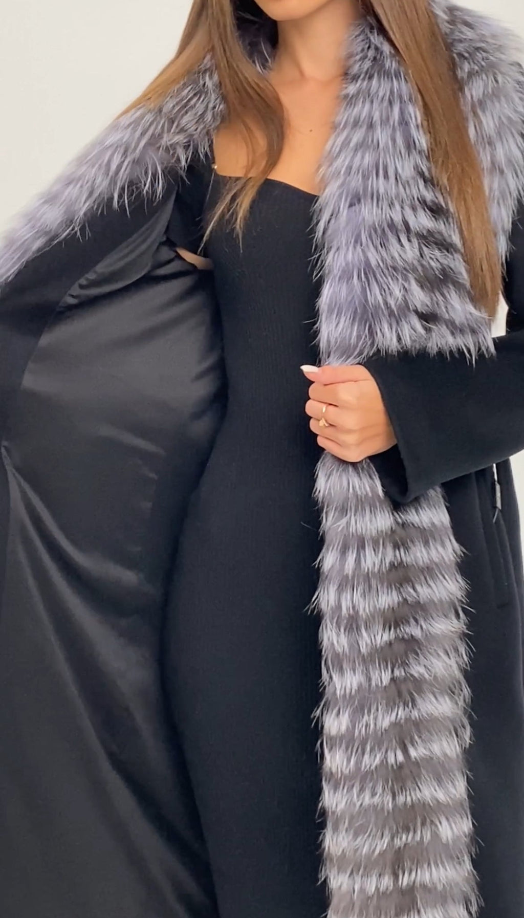 Miranda Coat - Genuine Silver Fox Virgin Wool Wrap Coat in Black