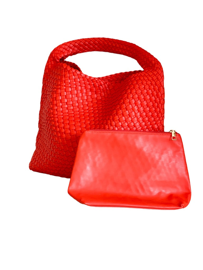 The Willow | Large Woven Vegan Leather Tote - Red/Orange