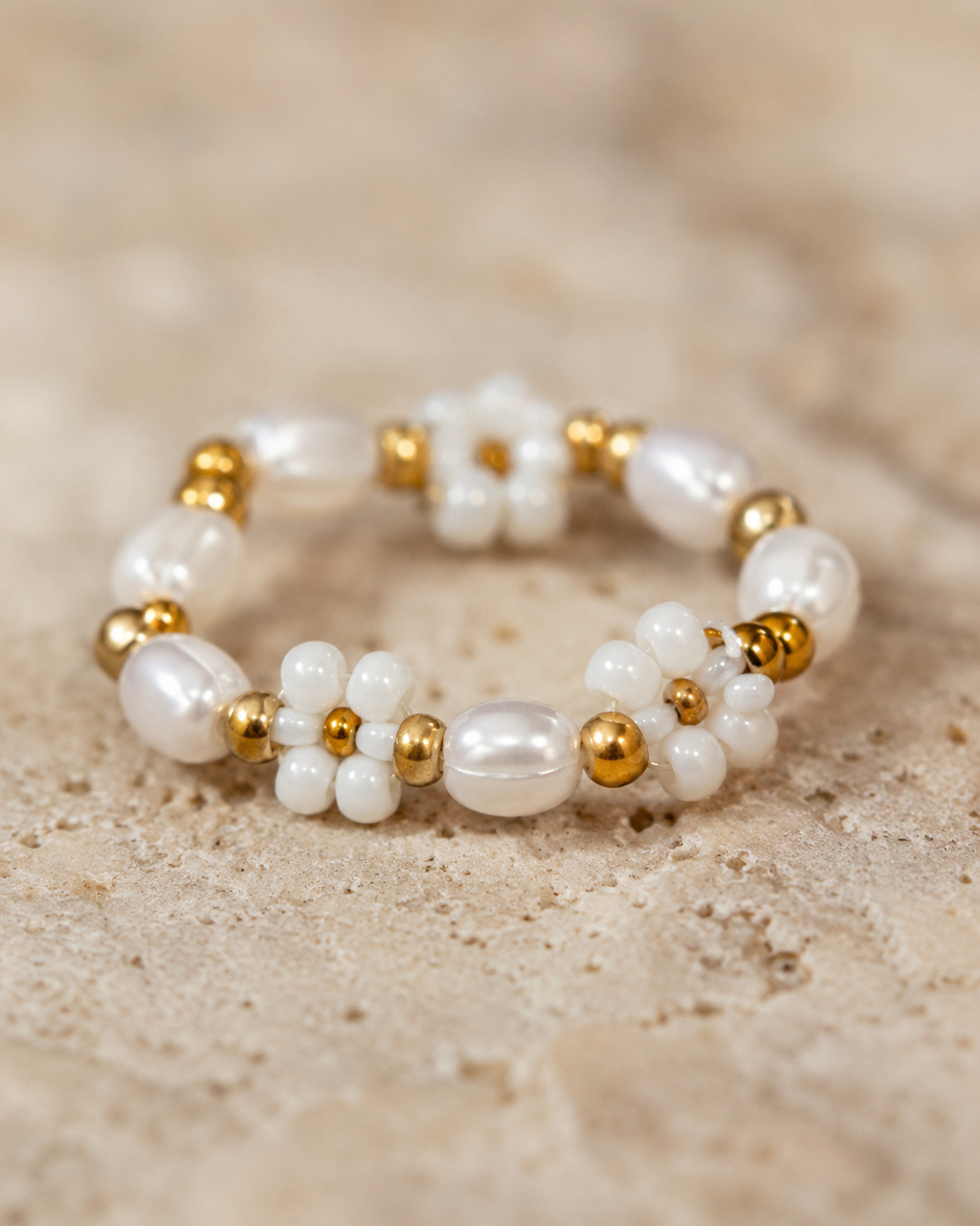 Freshwater Pearl and Flower Beaded Ring