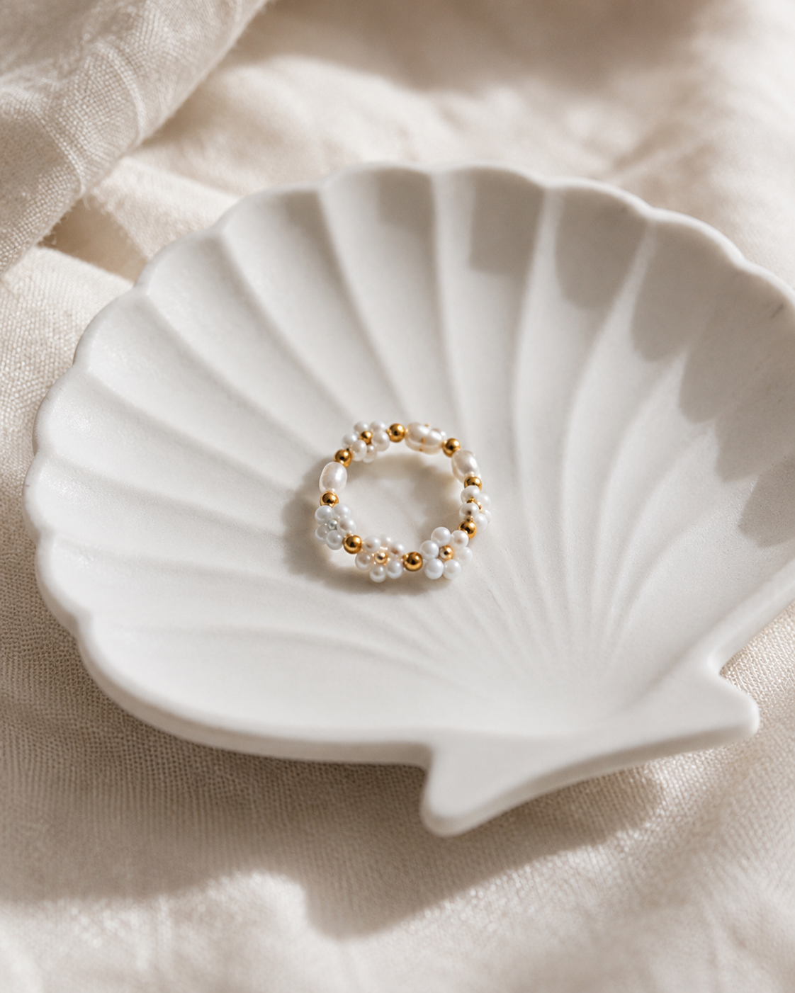 Freshwater Pearl and Flower Beaded Ring
