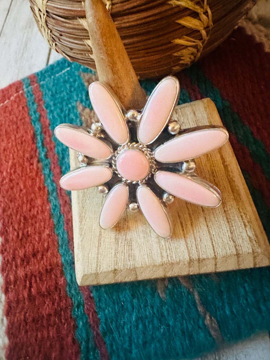 Handcrafted Sterling Silver & Queen Pink Conch Adjustable Flower Ring