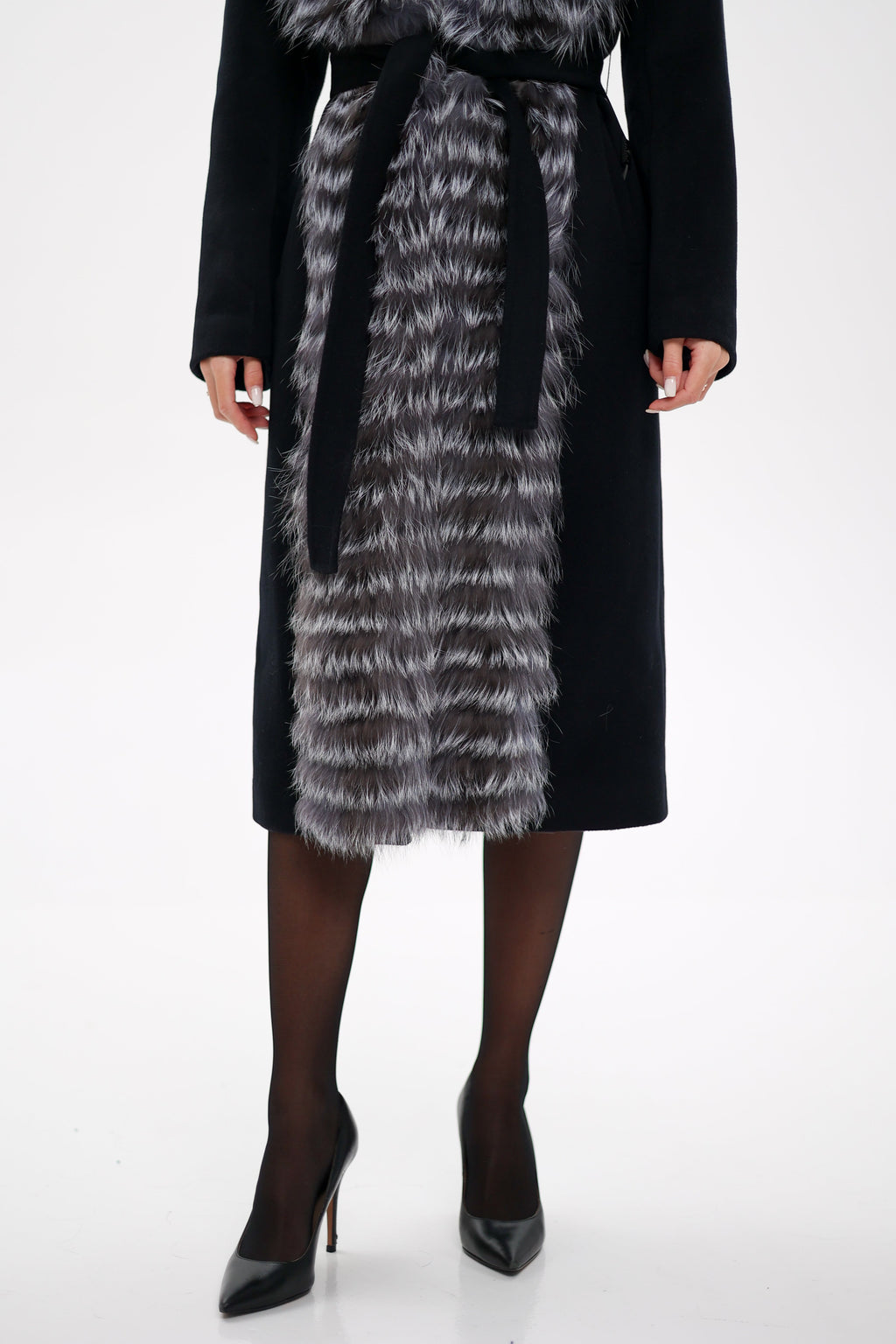 Miranda Coat - Genuine Silver Fox Virgin Wool Wrap Coat in Black