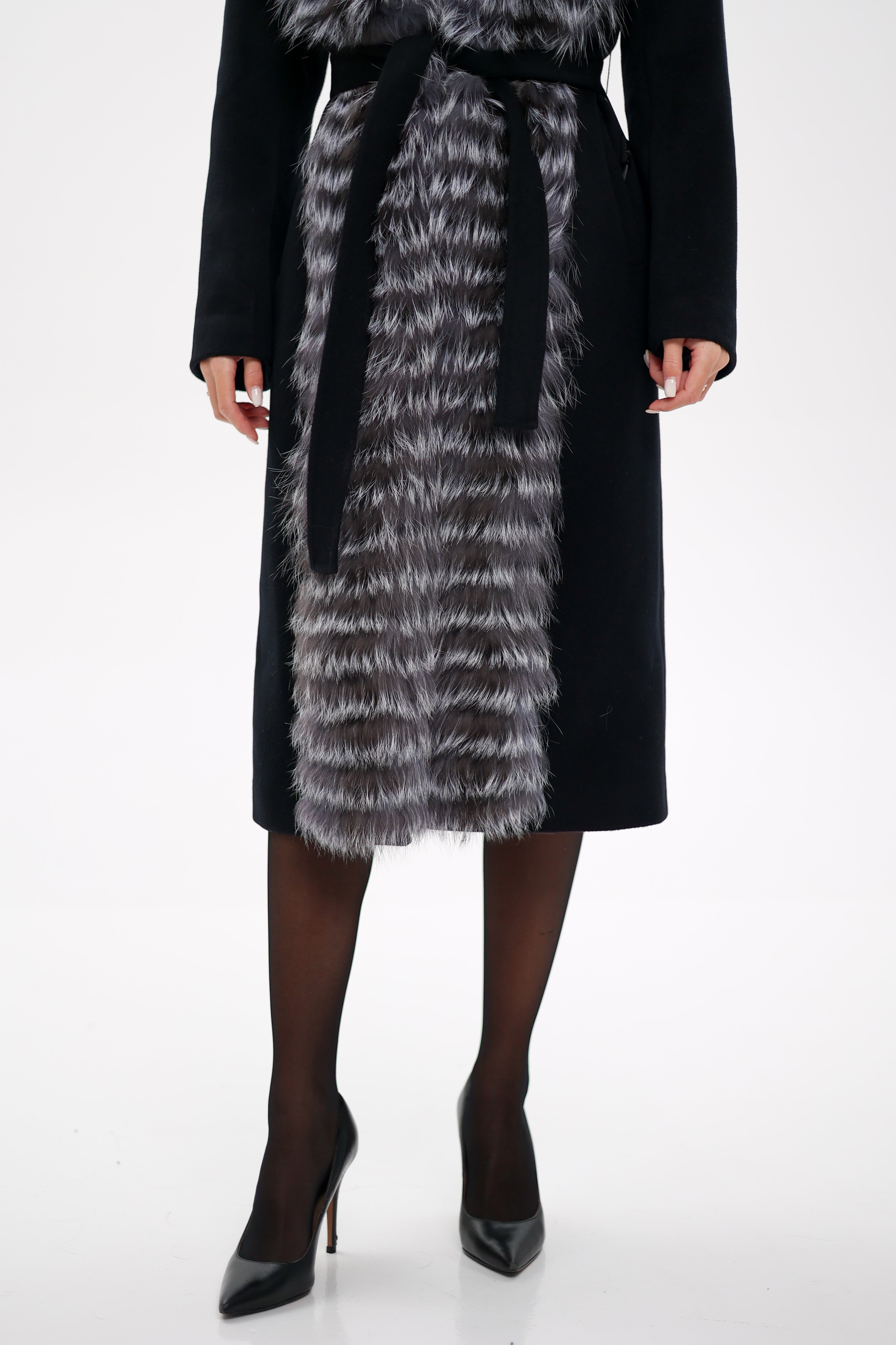 Miranda Coat - Genuine Silver Fox Virgin Wool Wrap Coat in Black