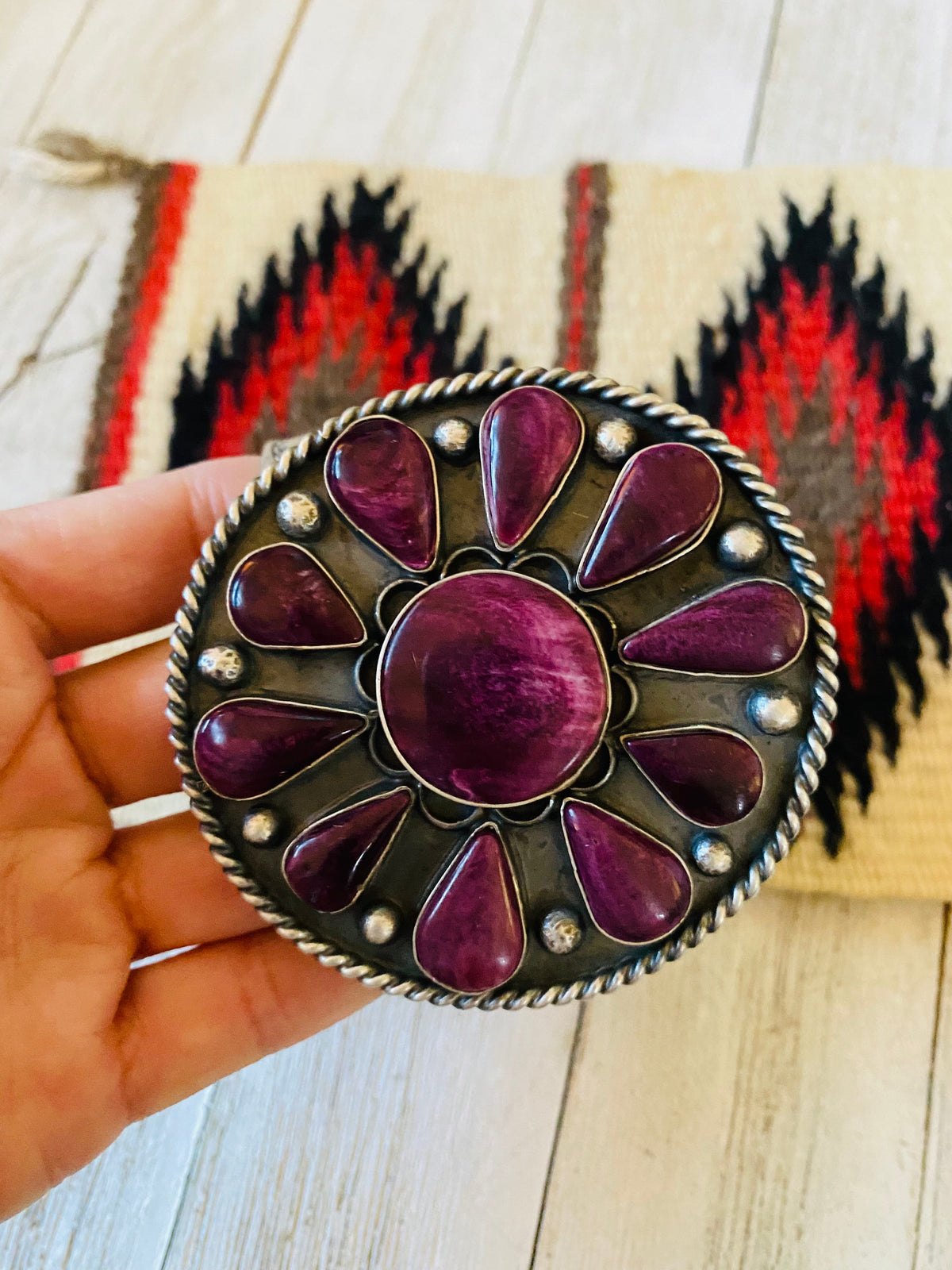Handcrafted Sterling Silver & Purple Spiny Cuff Bracelet Signed