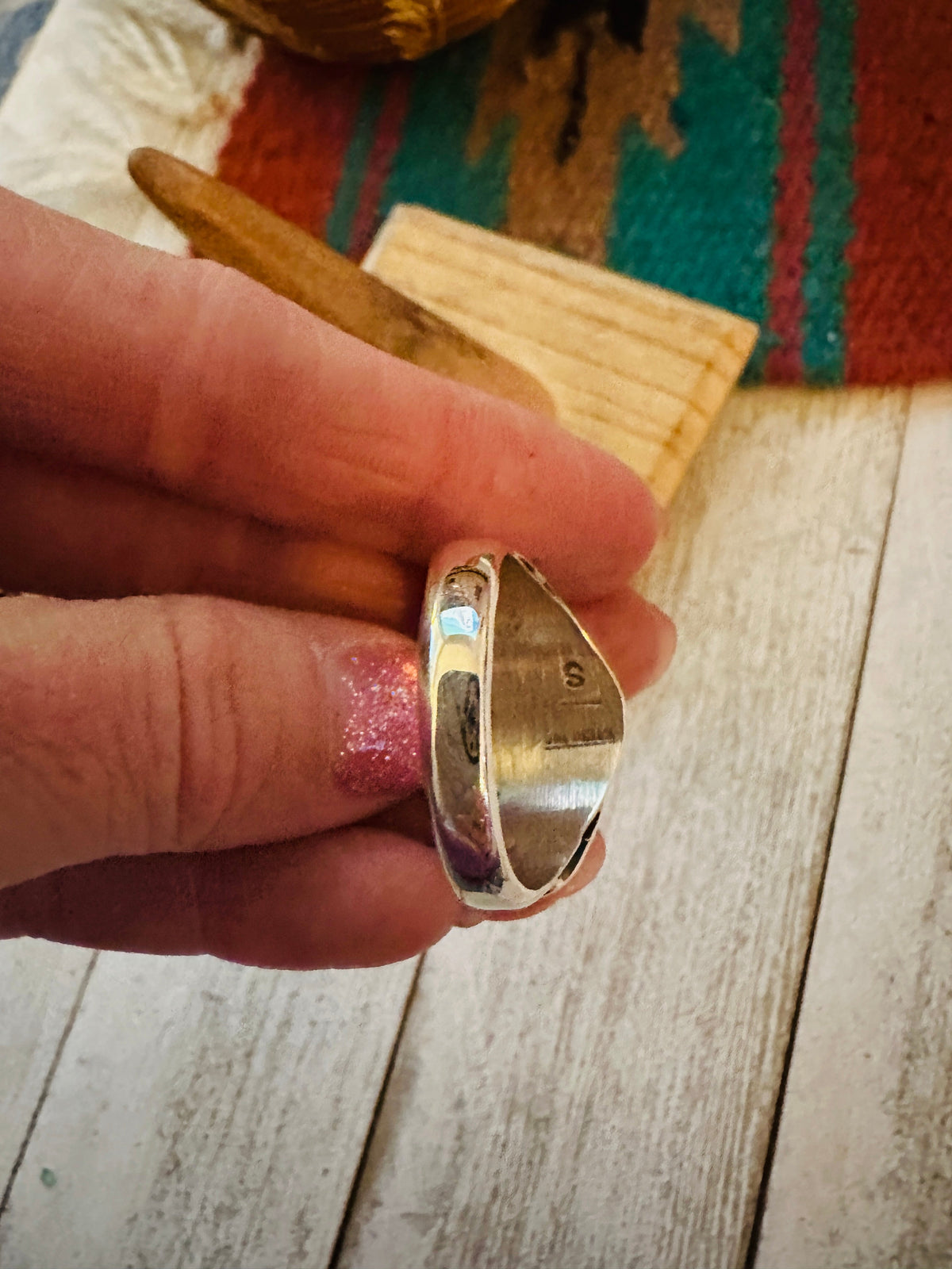 Handcrafted Turquoise, Coral & Sterling Silver Ring Size 13