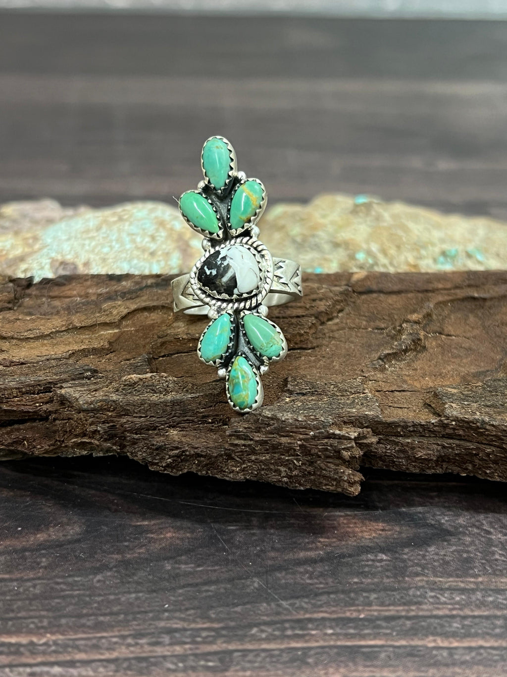 Handmade Sterling Silver Kingman with White Buffalo Turquoise Adjustable Ring with Signed Nizhoni