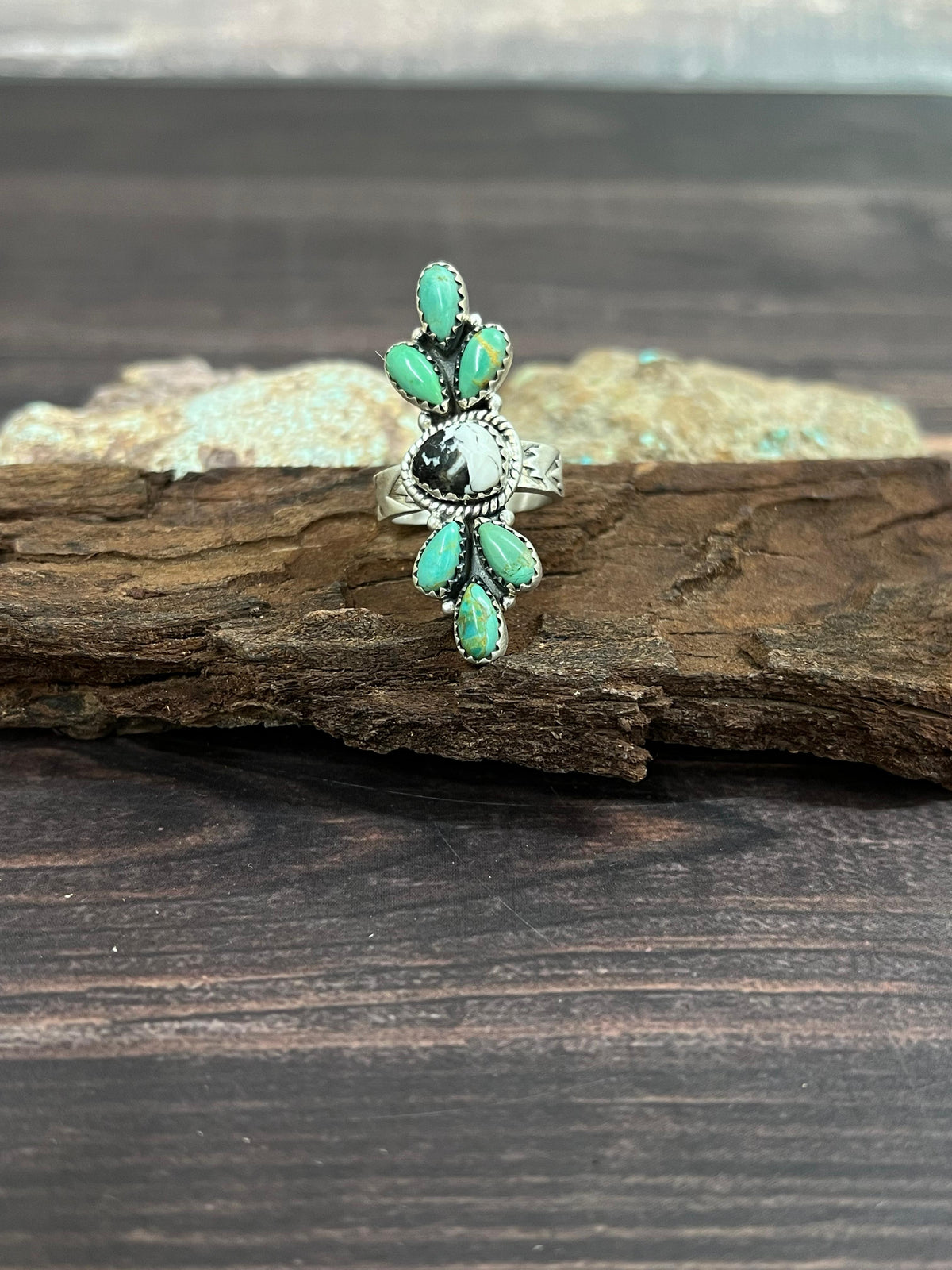 Handmade Sterling Silver Kingman with White Buffalo Turquoise Adjustable Ring with Signed Nizhoni