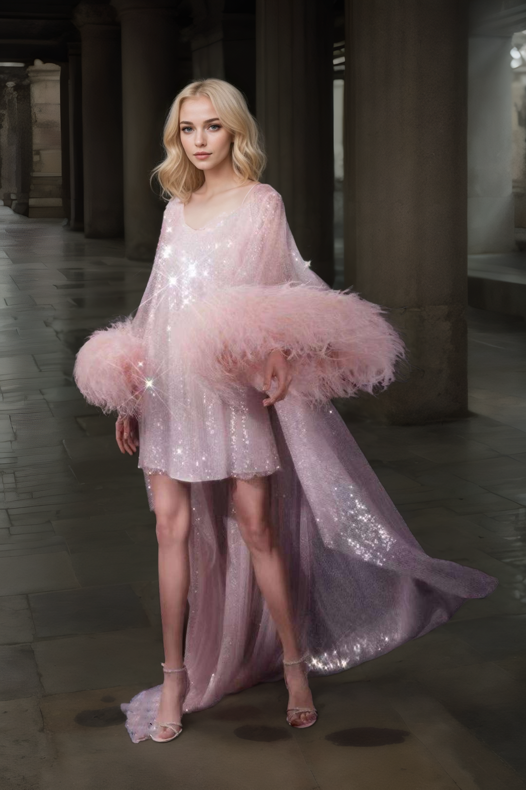 Ostrich Feather sequin mesh long robe dress with nightgown pink ivory-next day shipping