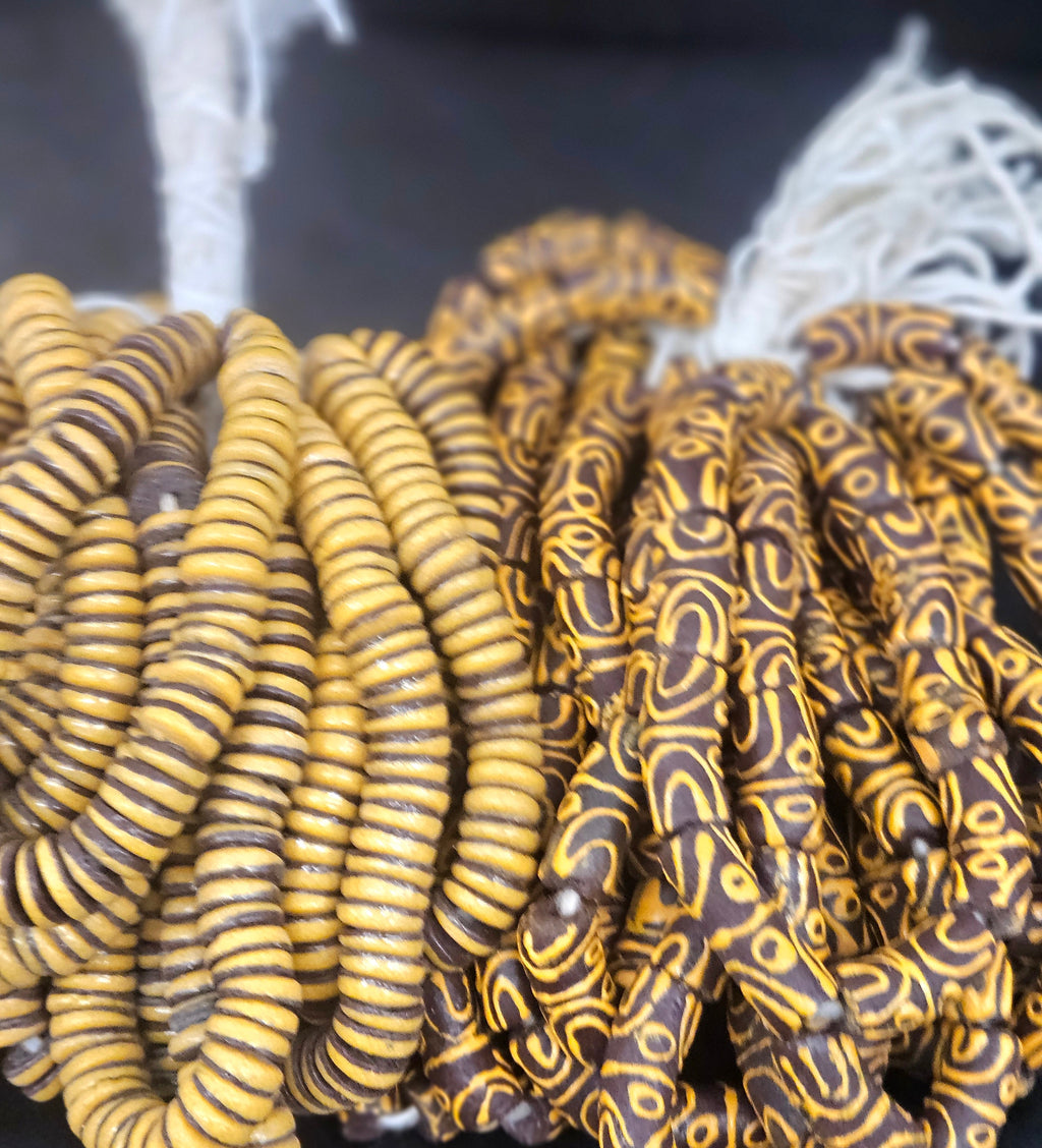 Krobo Painted Glass Tube Beads, Espresso Brown & Golden Ochre, Handmade Recycled Glass Beads from Ghana