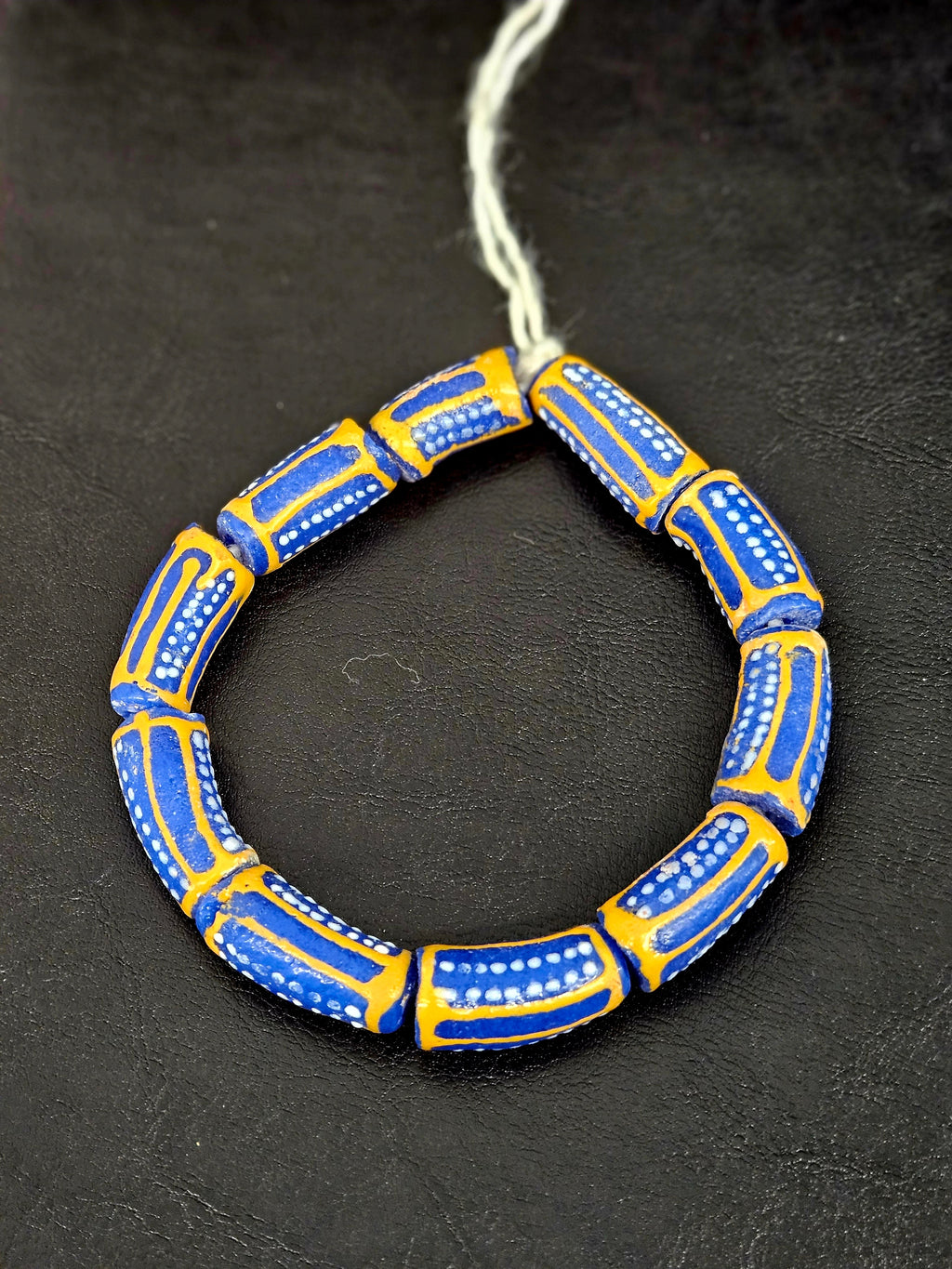 Royal Blue Krobo Painted Glass Tube Beads with Golden Yellow Borders | Handcrafted Recycled Glass from Ghana