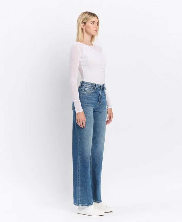 Super High Rise Medium Dark Wash Wide Leg Jeans
