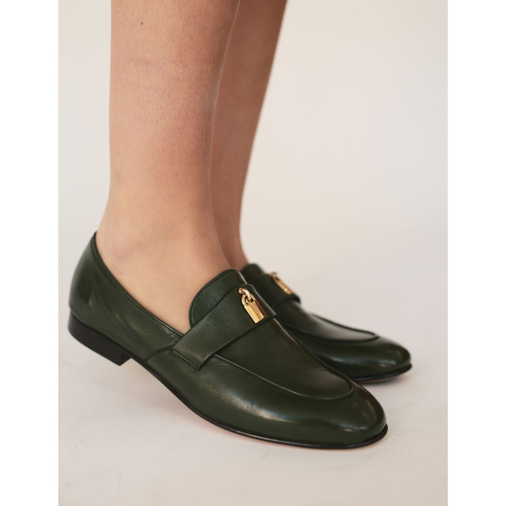 Green Leather  Lock Flat Loafer