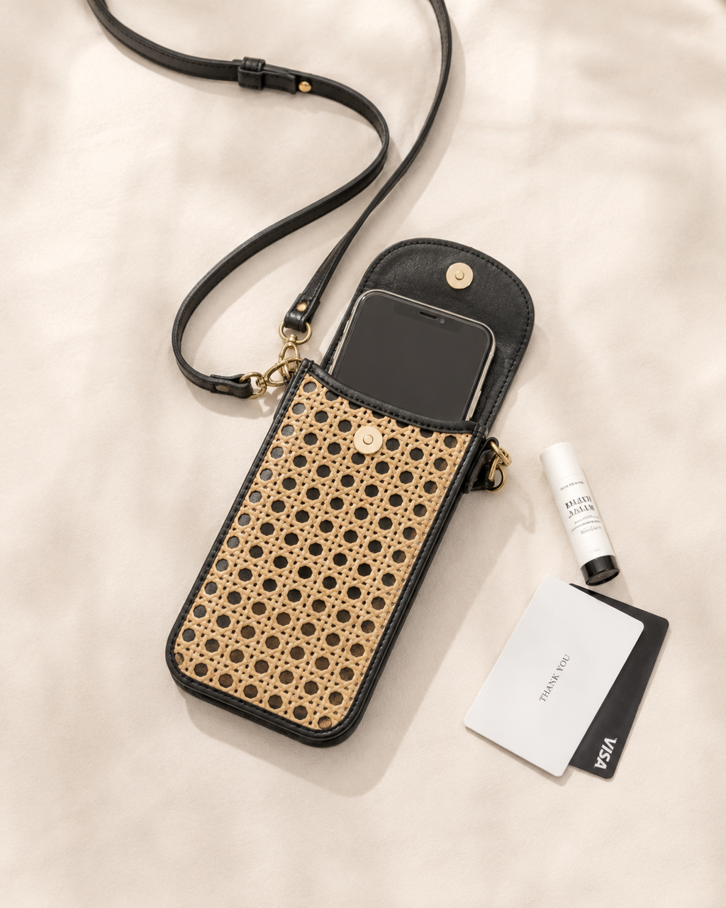 Nia Leather and Rattan Phone Sling