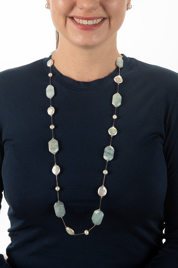 Aquamarine and coin pearl necklace on stainless