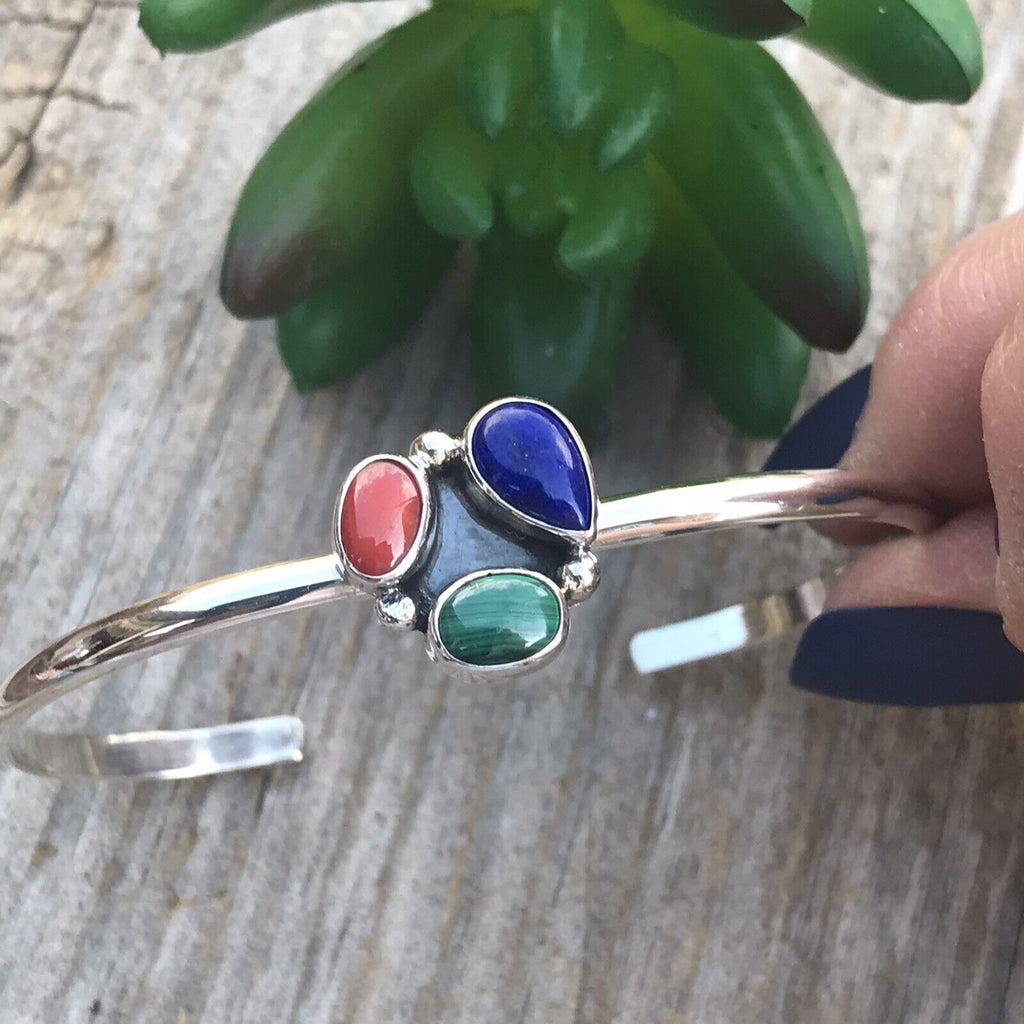 Handcrafted Multi Stone, Malachite Sterling Silver Bracelet Cuff Artist V. S