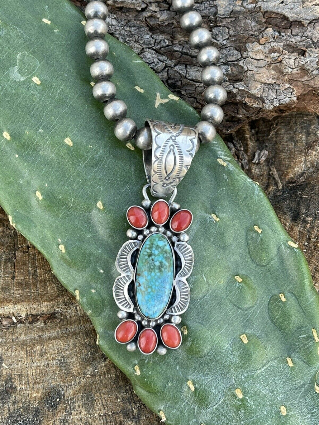Handcrafted Sterling Kingman Web Turquoise & Red Coral Pendant Taos Collection