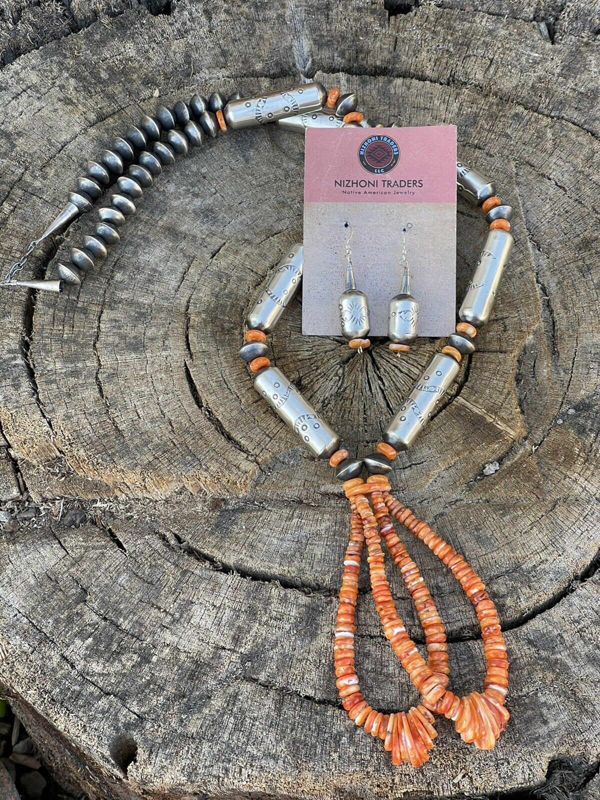 Handcrafted Sterling Silver Handmade Orange Spiny Jacla Necklace & Earring Set