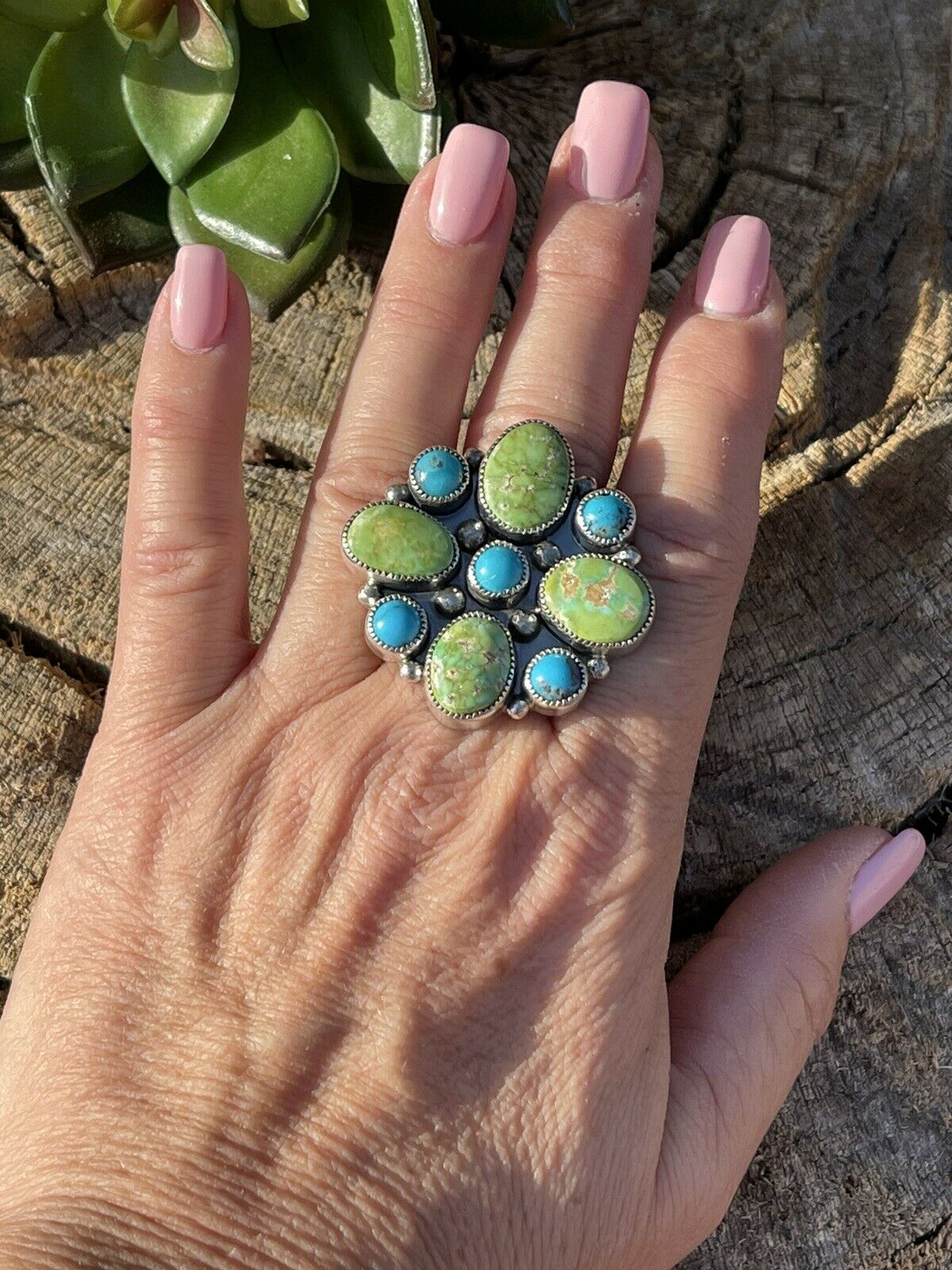 Handcrafted Sterling Sonoran Gold And Golden Hills Turquoise Cluster Ring Size 7