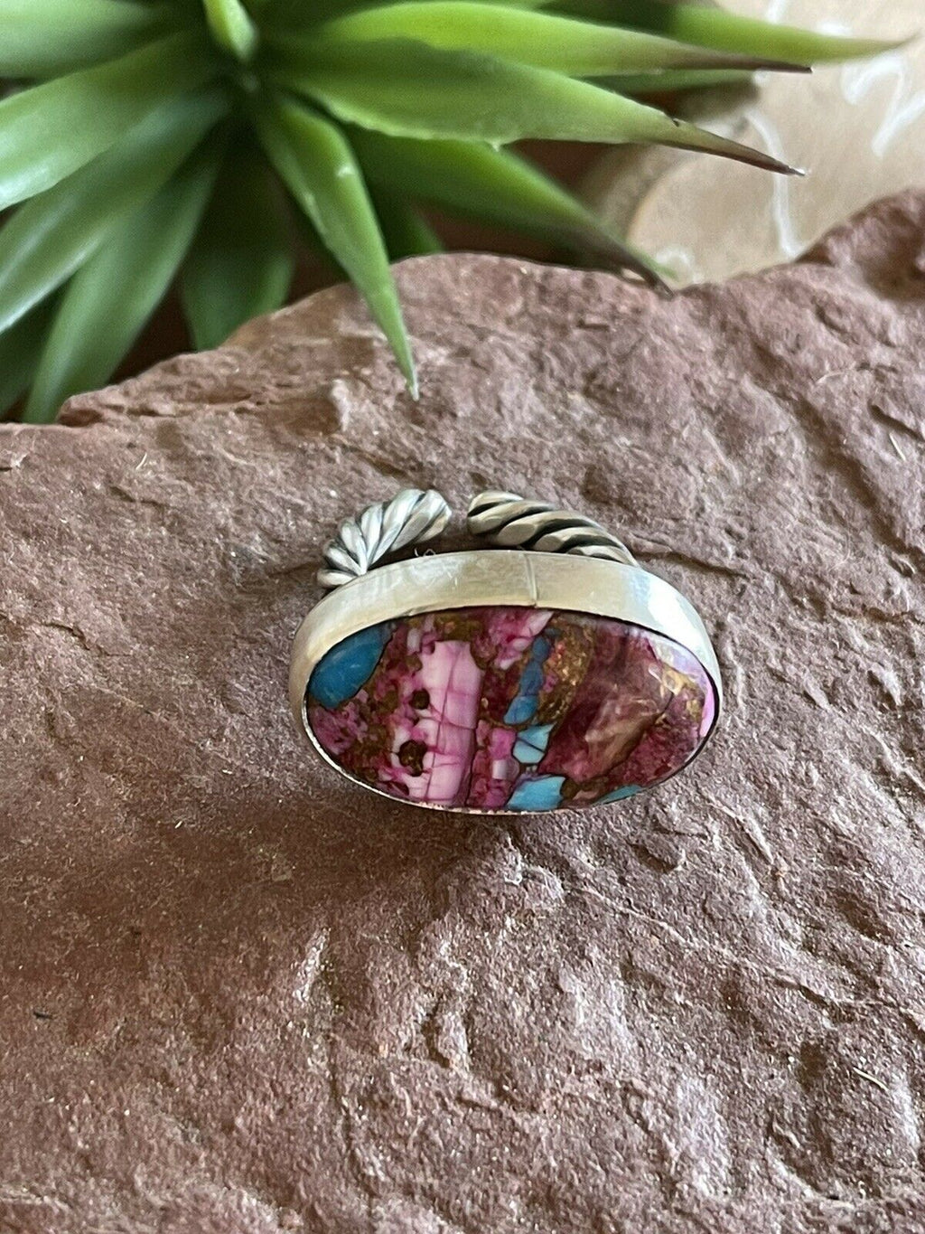 Handcrafted Pink Dream Mojave Oval Rope & Sterling Silver Adjustable Ring