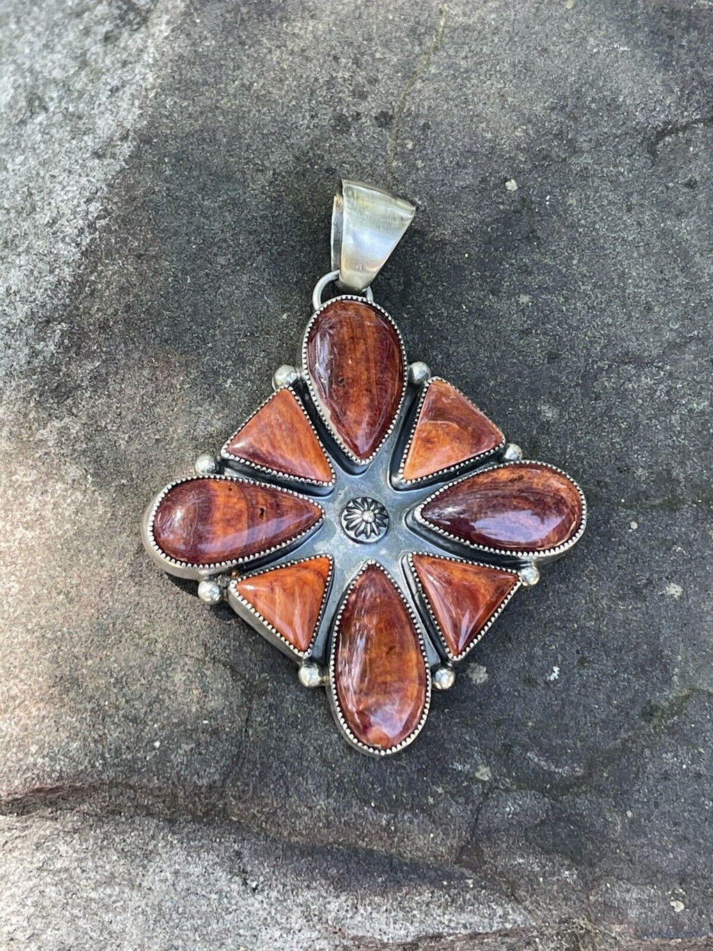 Handcrafted Sterling Silver Orange Spiny  Jumbo Cluster Pendant