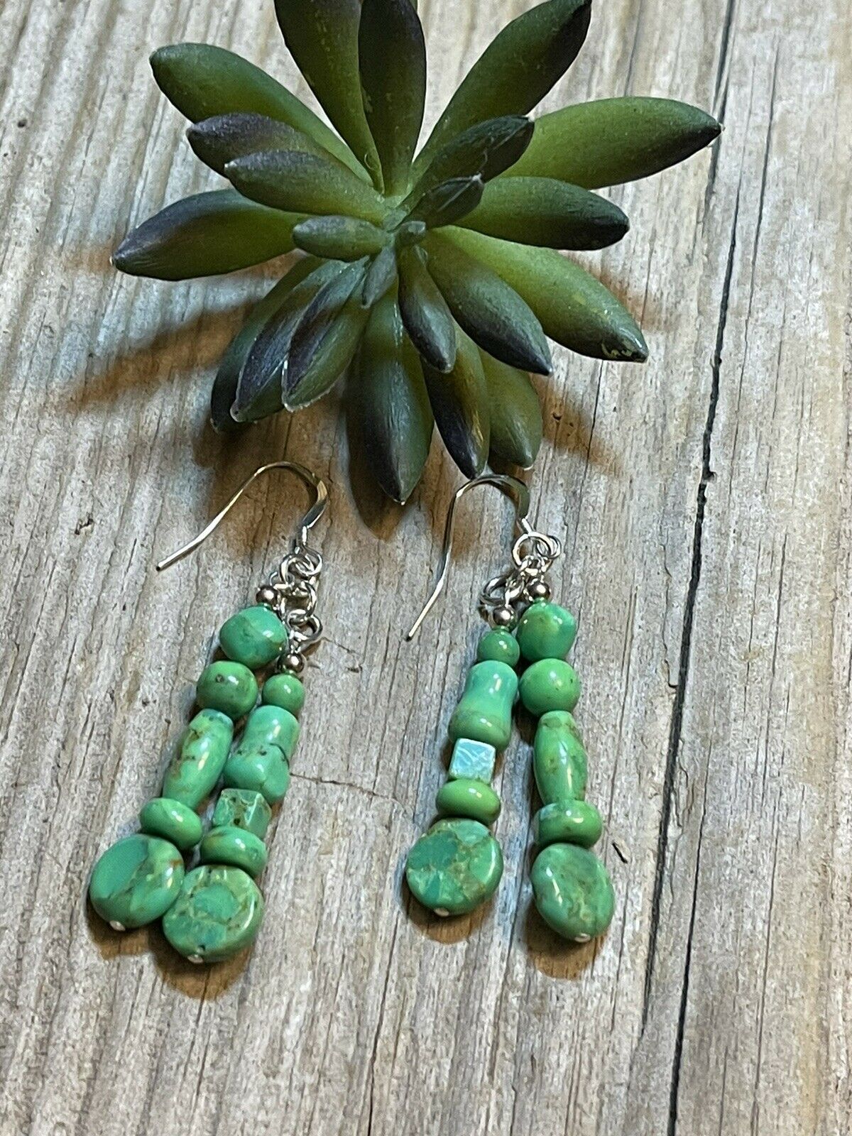 Handcrafted Sterling Dyed Green Kingman Turquoise Multi Bead Earrings