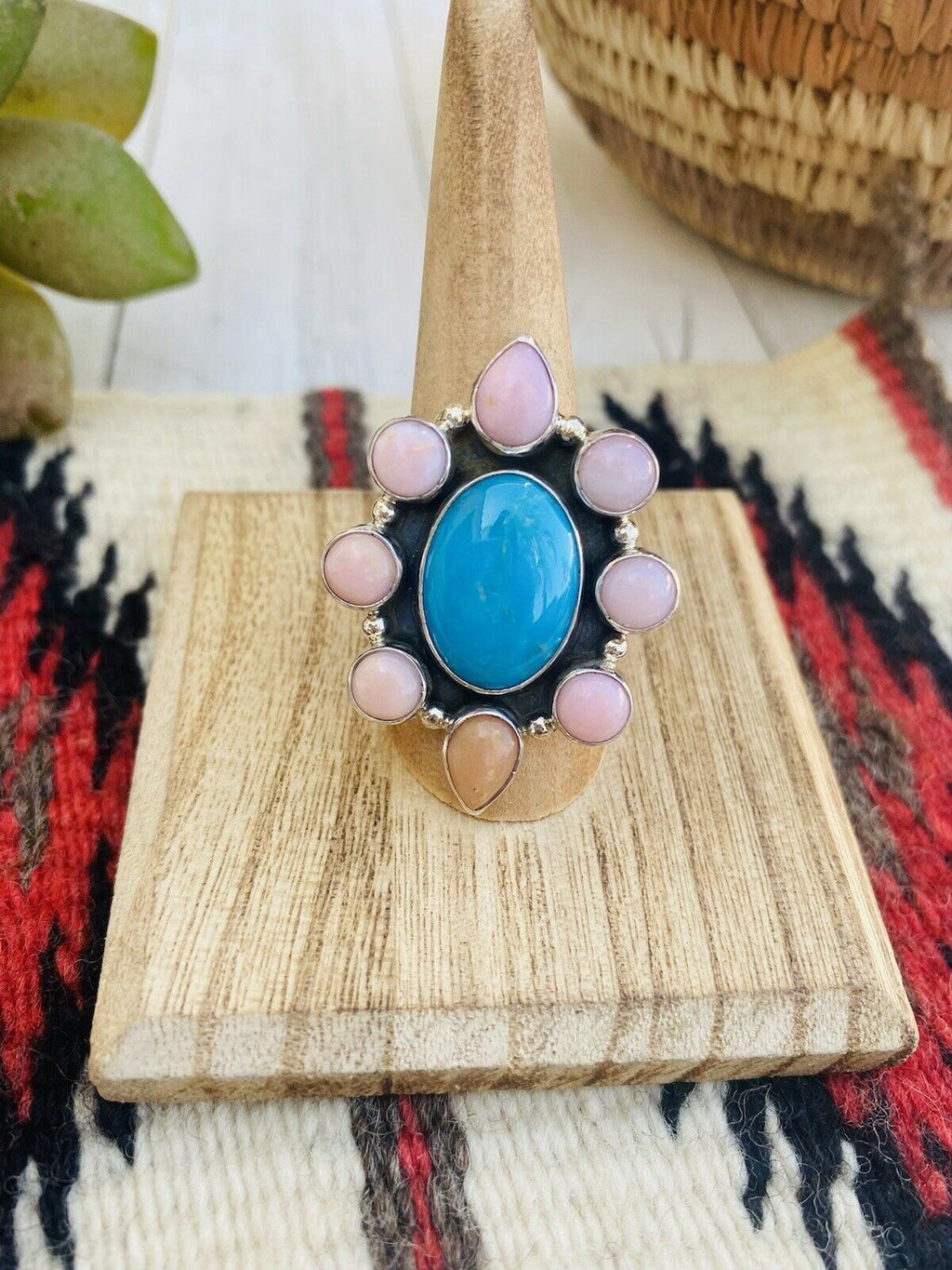 Handcrafted Rhodochrosite, Turquoise & Sterling Silver Cluster Ring Size 8.5
