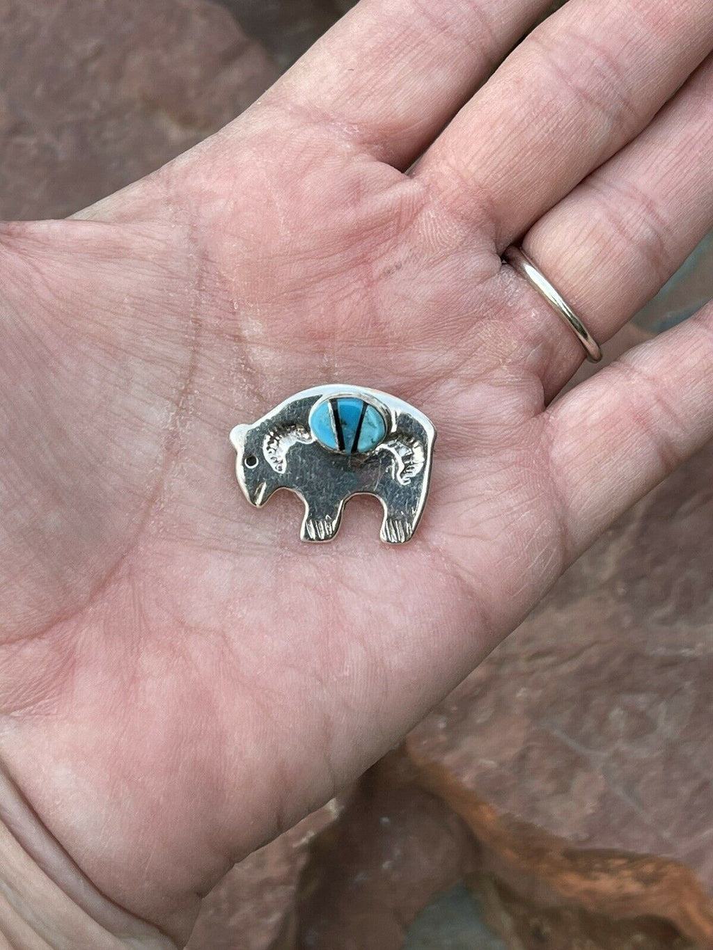 Handcrafted Sterling Silver Multi Stone Buffalo Pendant Pin Signed