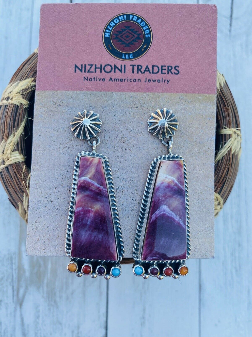 Handcrafted Sterling Silver, Purple Spiny & Turquoise Dangle Earrings Signed