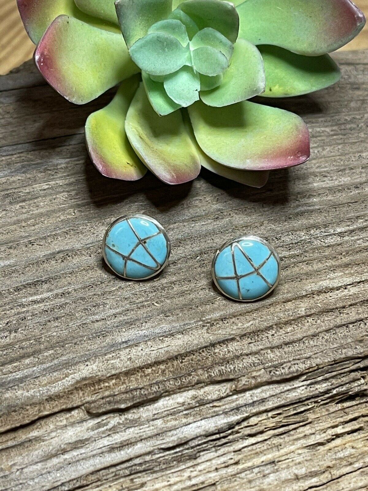 Handcrafted Sterling Silver & Turquoise Inlay Circle Post Earrings Signed K