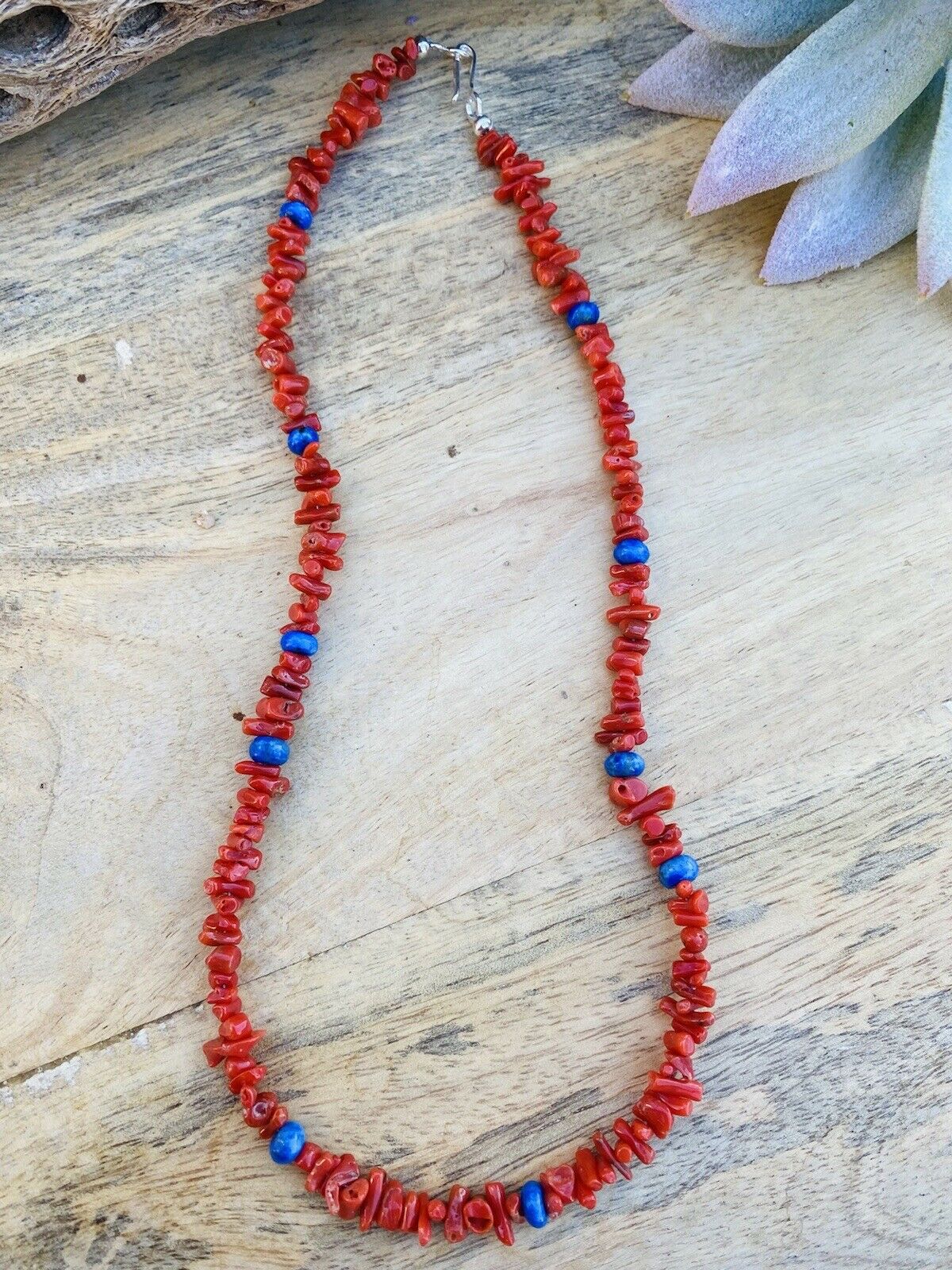 Handcrafted Apple Coral & Lapis Beaded Necklace 16"