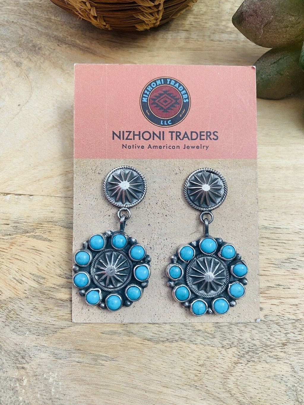 Handcrafted Turquoise & Sterling Silver Concho Dangle Earrings Signed
