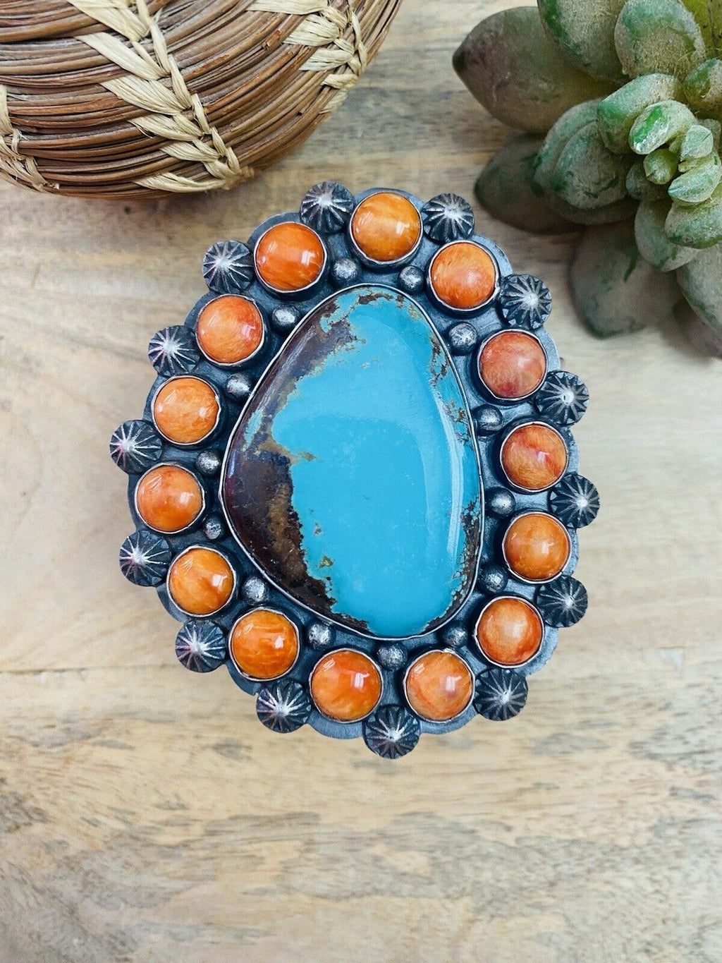 Handcrafted Orange Spiny, Turquoise & Sterling Silver Cuff Bracelet Signed /