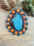 Handcrafted Orange Spiny, Turquoise & Sterling Silver Cuff Bracelet Signed /