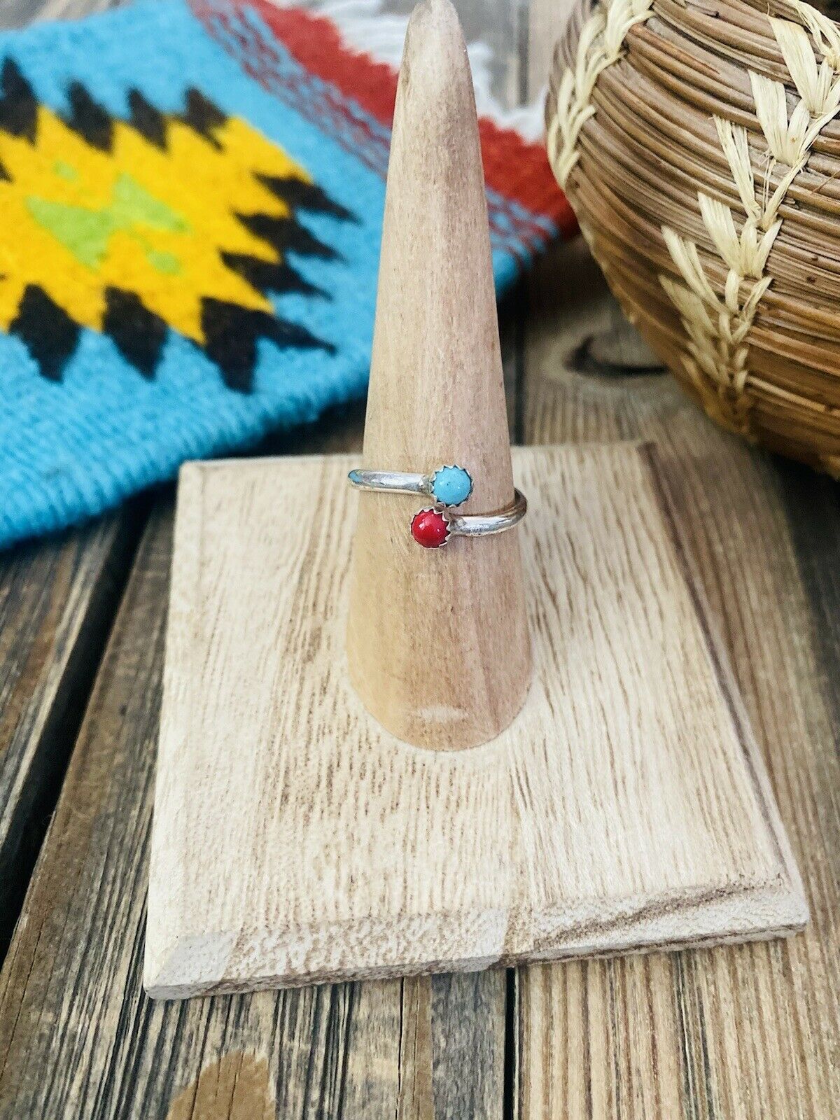 Handcrafted Sterling Silver, Coral & Turquoise Adjustable Ring